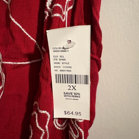 Catherines Red with White Floral Embroidery V-Neck Blouse - Picture 5 of 10